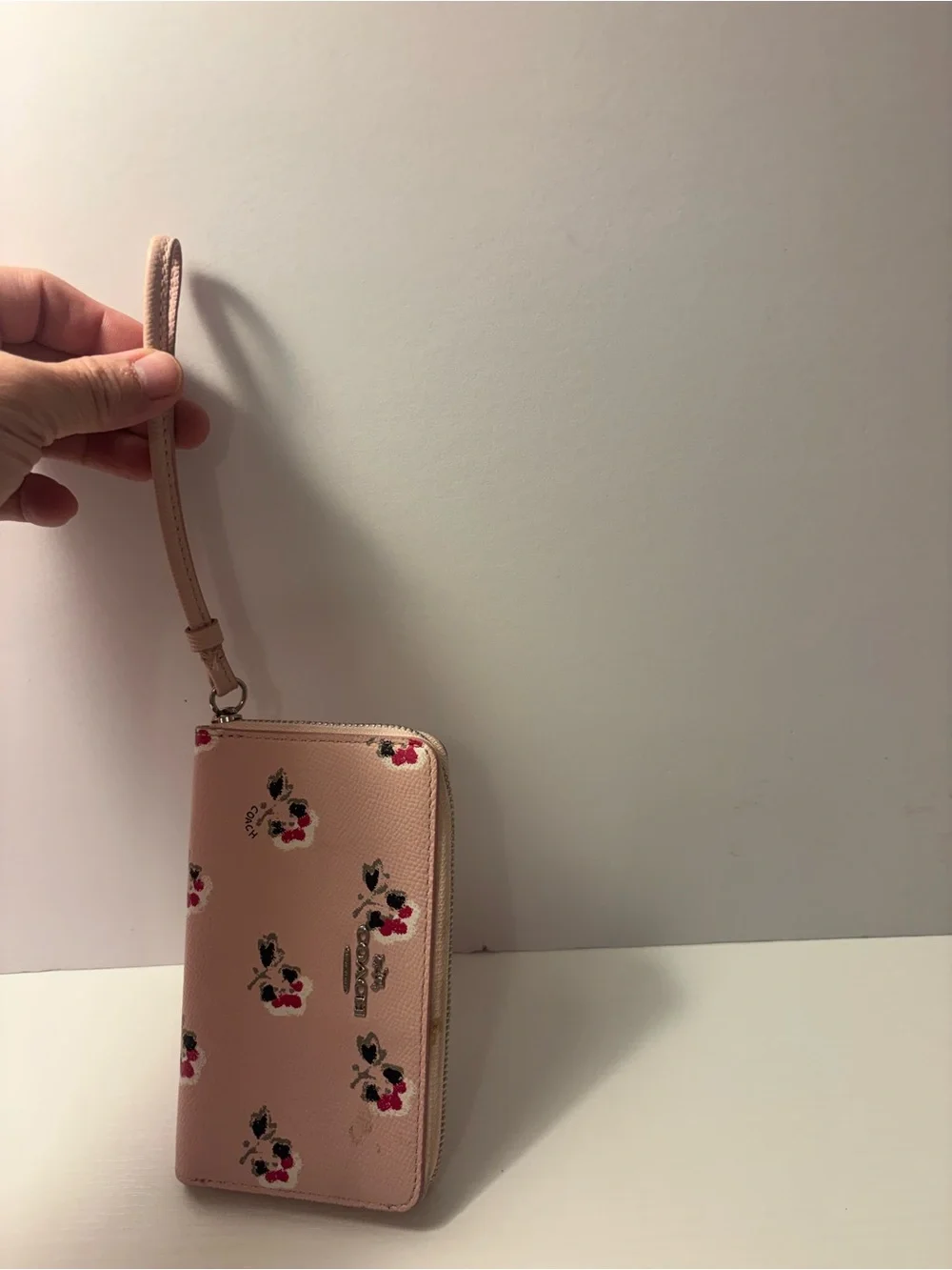 Coach Pink Floral Zip Wallet with Silver Logo